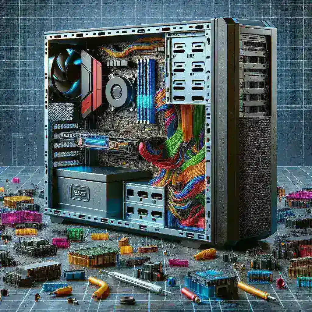 "Image illustrating the concept of case reuse in desktop parts, showcasing various components being repurposed efficiently, highlighting eco-friendly practices in technology companies."