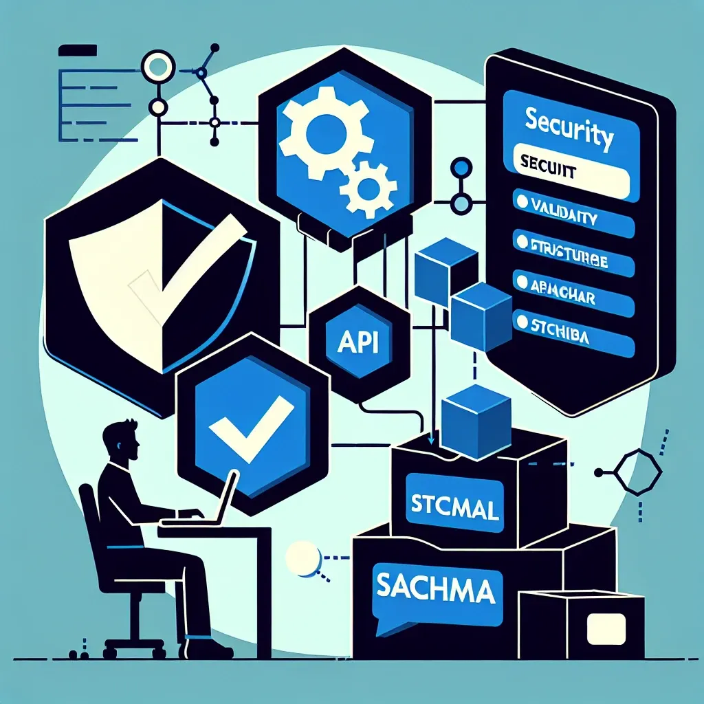 "Developers using essential tools for secure API schema validation on a laptop, showcasing software interfaces and code examples, as part of a comprehensive guide."