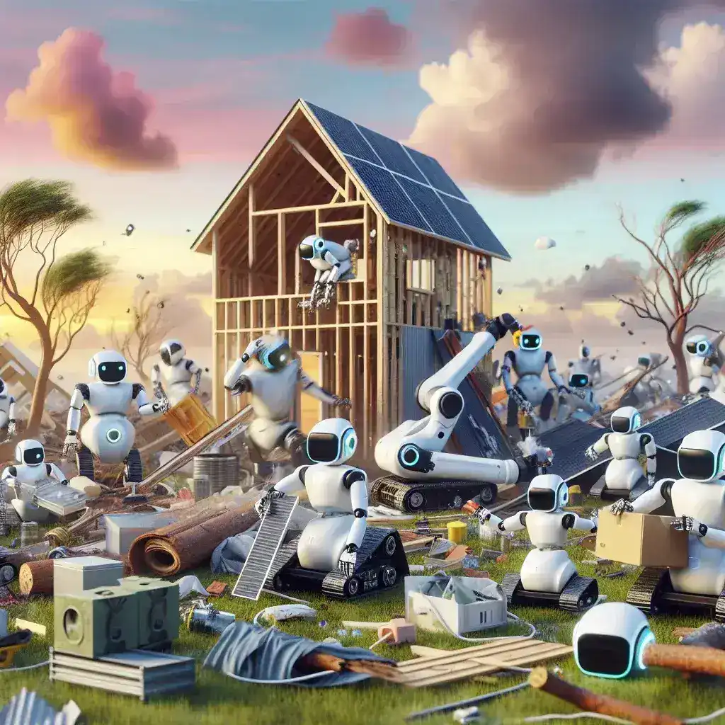 "Robotic AI system constructing a 3D printed house in a hurricane-affected area in the U.S., showcasing innovative disaster recovery technology and sustainable building practices."