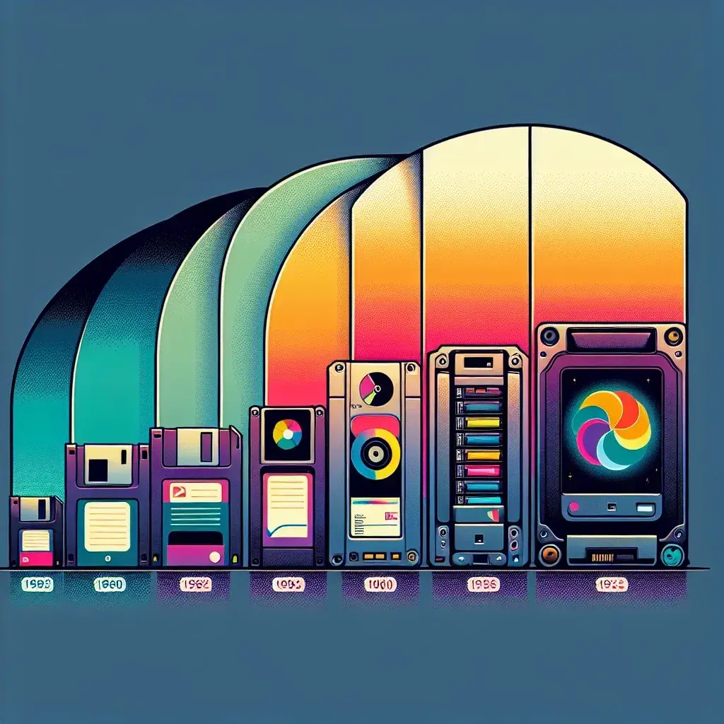 "Image illustrating the evolution of floppy disks and hard disk drives (HDD) integration, showcasing portable operating system support, highlighting key advancements in data storage technology."